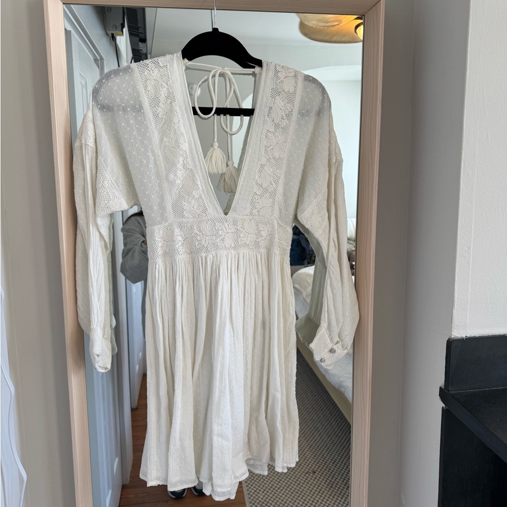 Free People White / Cream Boho Lace Trim Long Sleeve Mini Dress
